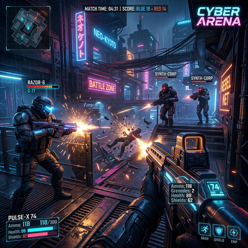 Cena eletrizante de combate futurista em Cyber Arena