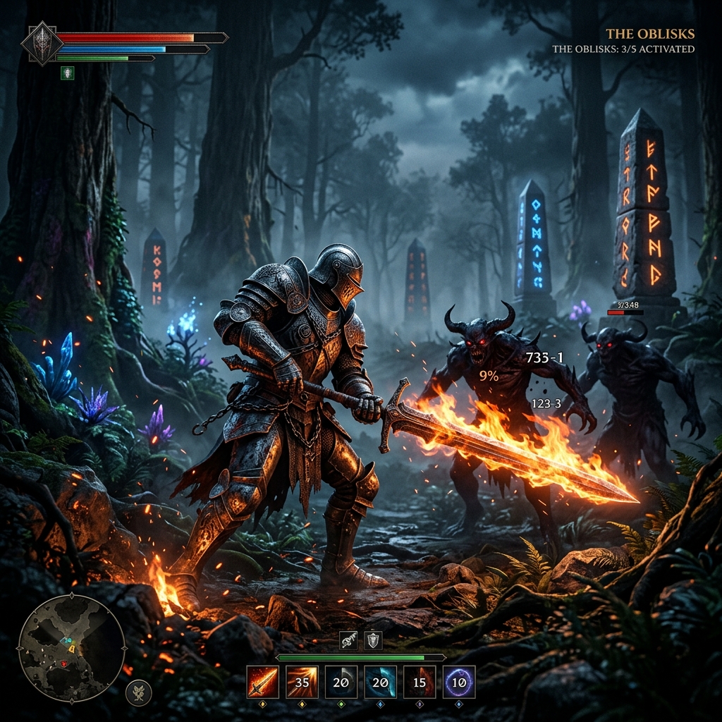 Guerreiro em armadura medieval com espada de fogo em Shadow Quest