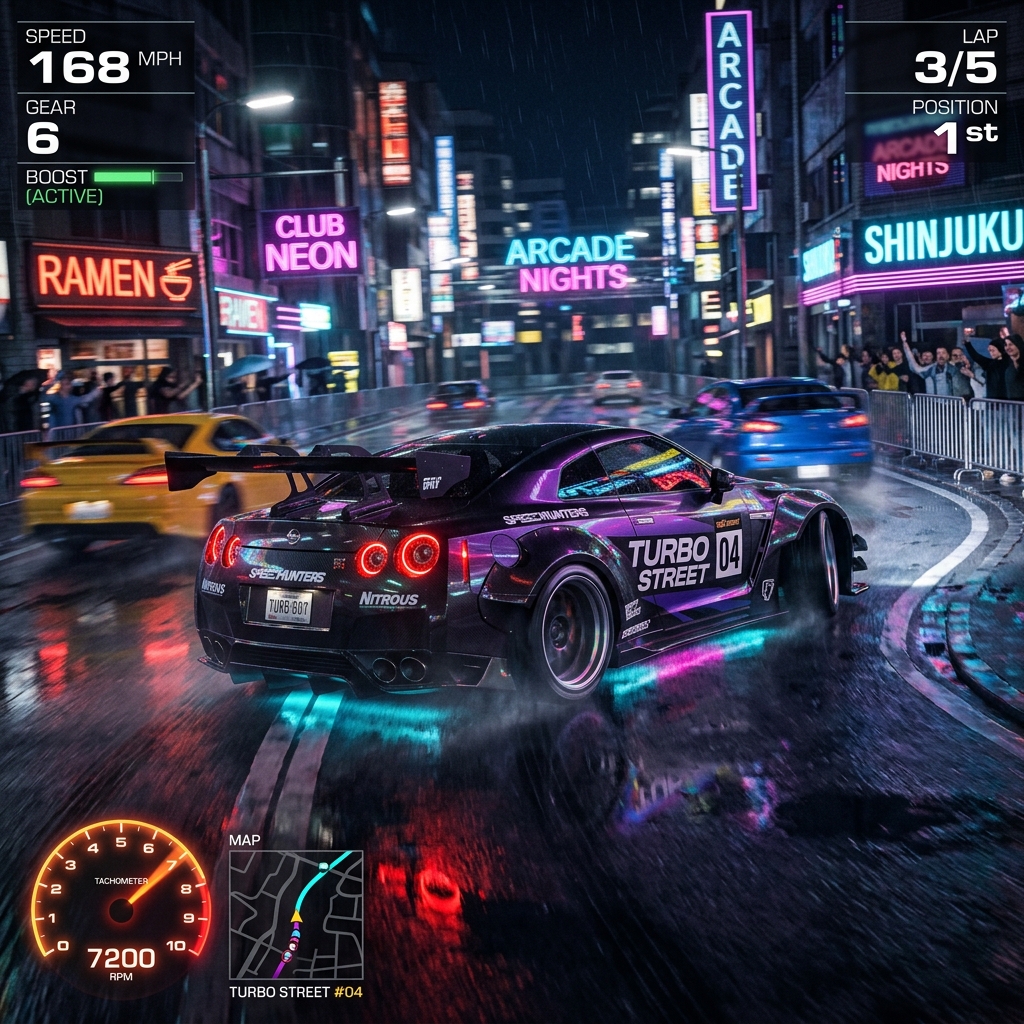 Carro esportivo tunado correndo à noite em Turbo Street